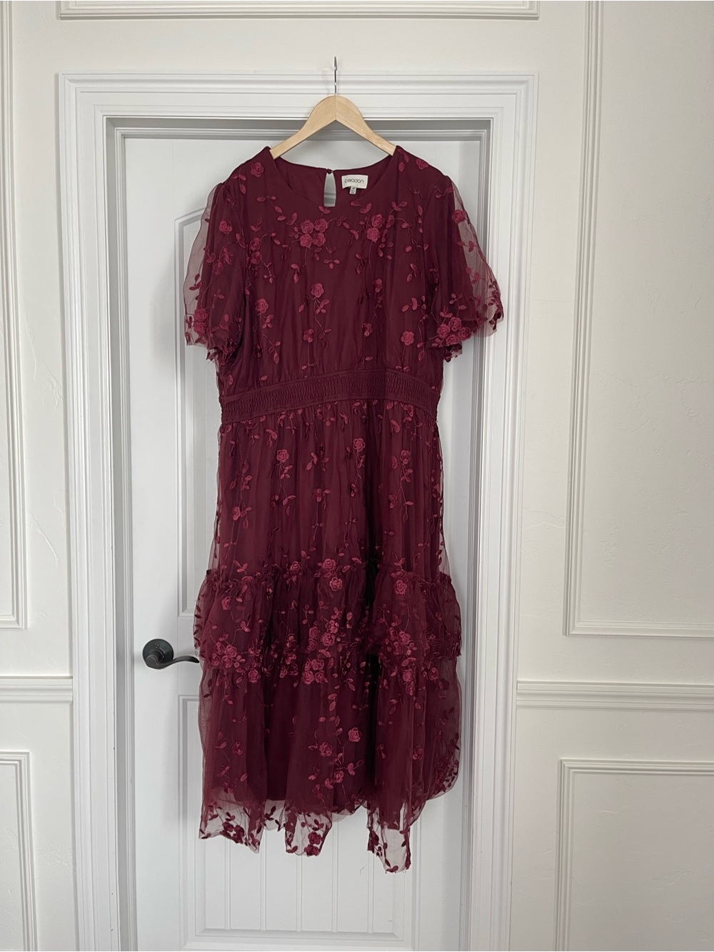 Embroidered Burgundy Midi Dress - Floral Sheer Overlay